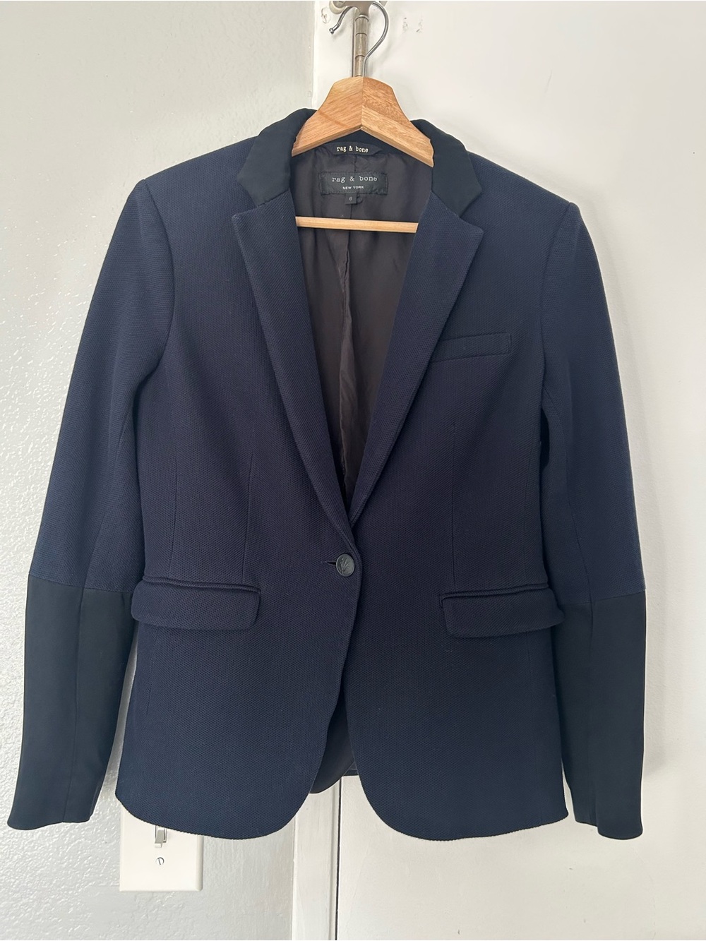 Rag & Bone Navy Cotton Knit Tailored Blazer w/ Contrast Panel Sleeve Size 6